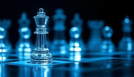 Close up of a chess piece on a glass chessboard representing strategic positioning