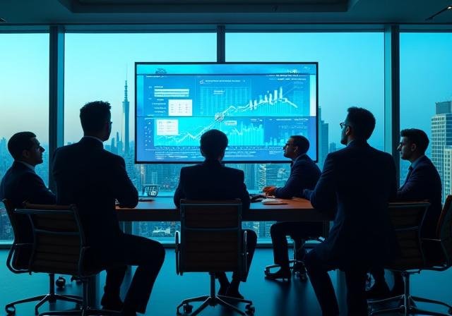 Executive team discussing strategic vision in a high-tech boardroom